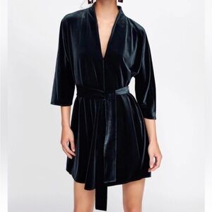 Zara Dark Green Velvet Wrap Kimono Dress